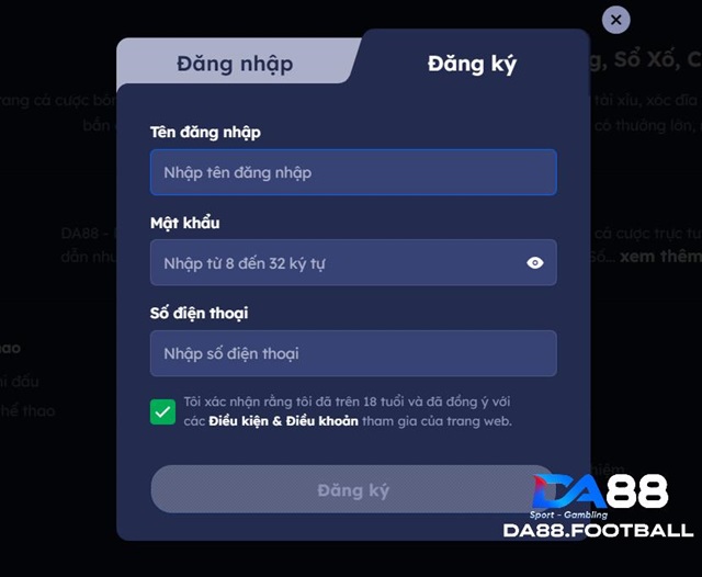 Hướng Dẫn Đăng Ký DA88 Từ A - Z Cho Anh Em Tân Thủ 1 Điều kiện đăng ký tài khoản nhà cái.