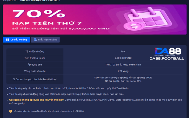 Tổng Hợp Những Khuyến Mãi DA88 Đẳng Cấp Châu Á 5 Nạp tiền thứ 7 thưởng 50 triệu đồng