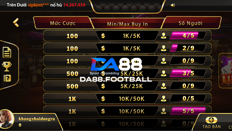 Liêng DA88 - Giải trí mê say làm giàu chợp nhoáng 4 Mức cược vô cùng đa dạng, có thể tham gia từ 1.000