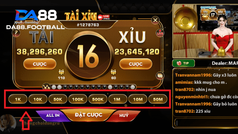 Tài Xỉu DA88 - Chơi game hay, nhận quà mỏi tay 5 Các hạn mức đặt cược Tài Xỉu đa dạng và siêu hấp dẫn